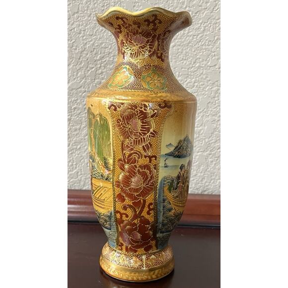 Vintage Japanese Satsuma Moriage Vase 10” Hand Painted Geisha Scene - Picture 2 of 8